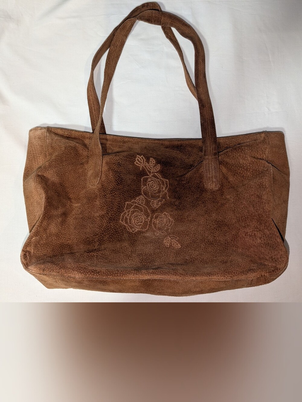Y2K Brown Suede Shoulder Bag With Floral Embroidery